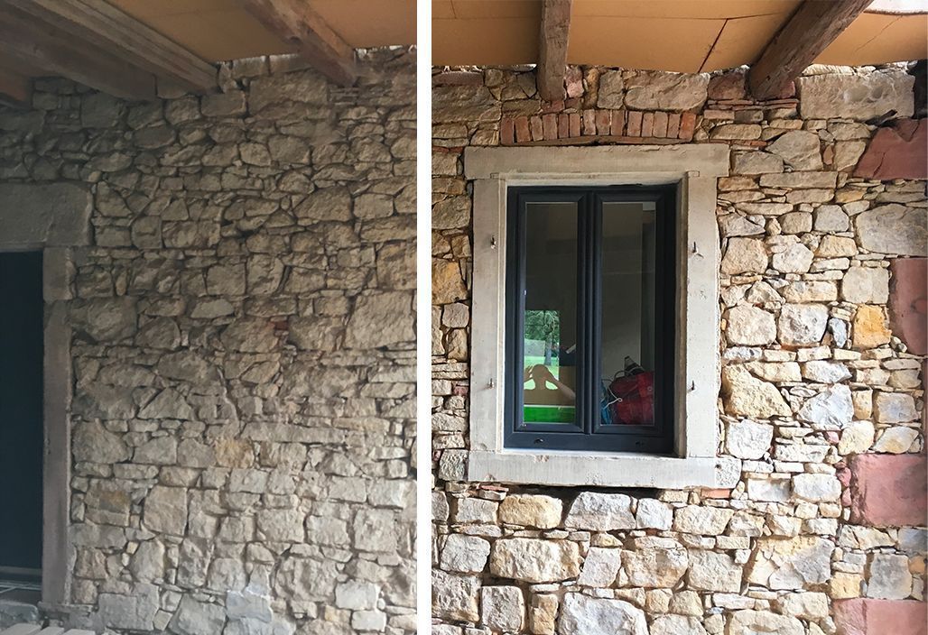 Natursteinwand vor und nach der Reinigung