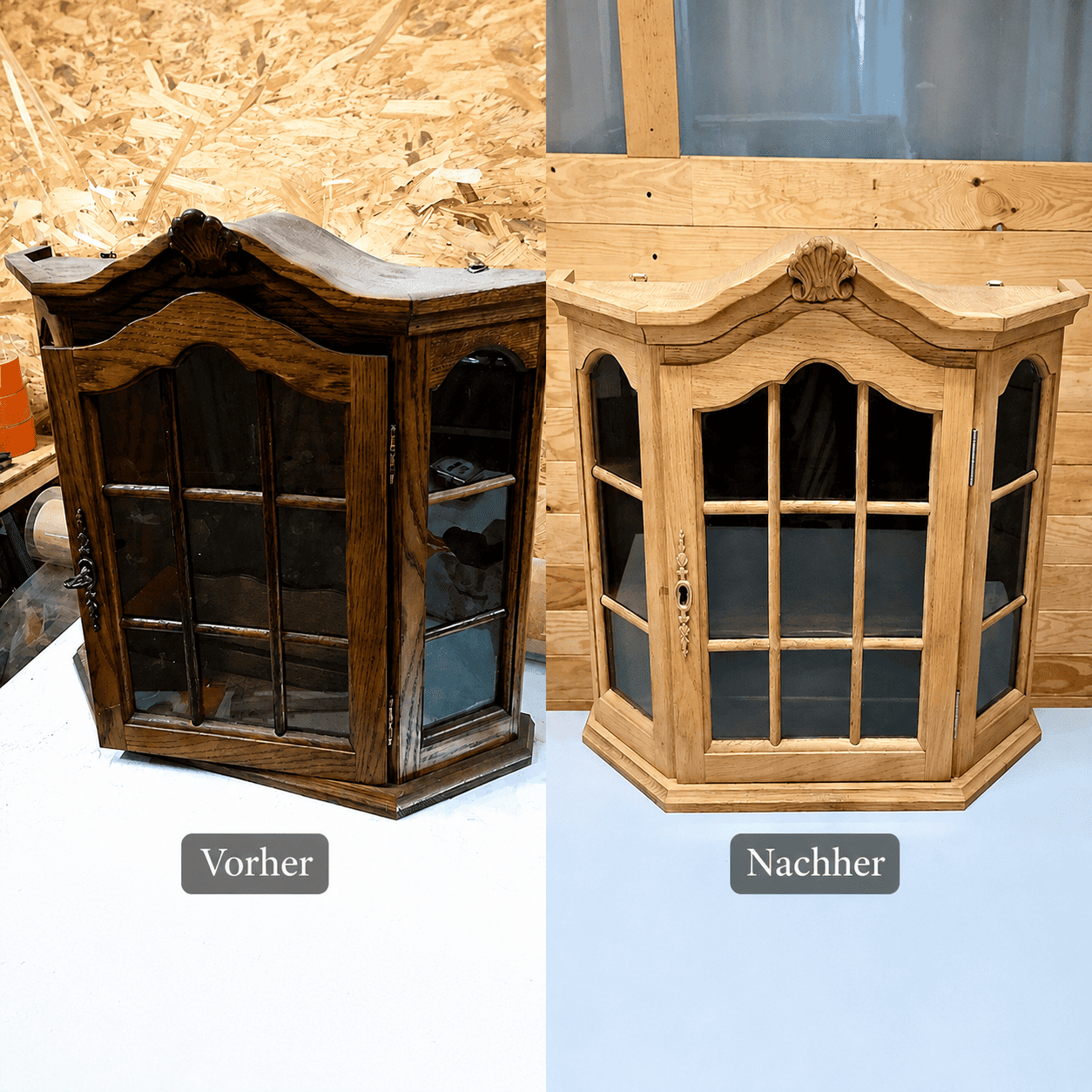 Holzvitrine vor und nach dem Entlacken